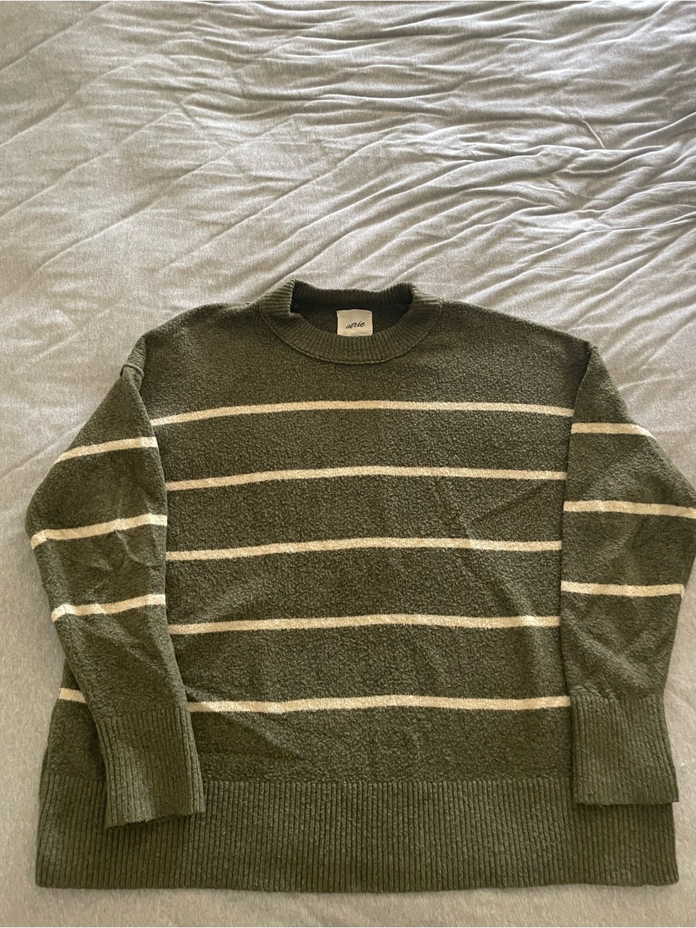 aerie Olive Striped Crewneck Sweater with Cream Bands
